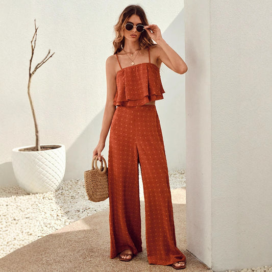 Cropped Vest Ruffled Top Casual Chic Wide-leg Pants