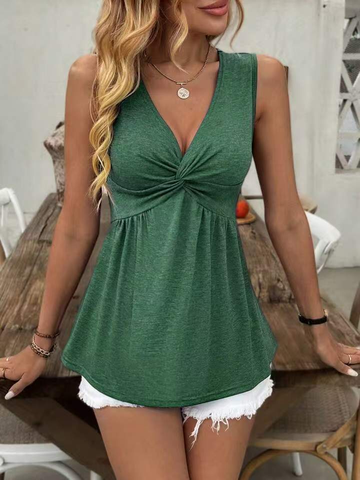 Sleeveless V-neck Design With A Twisted Ruched Waist-cinching Detail On The Back