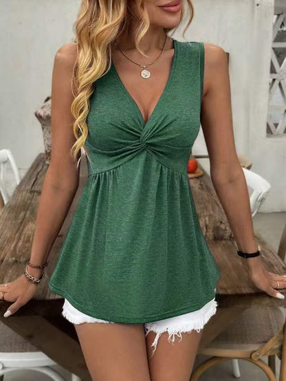 Sleeveless V-neck Design With A Twisted Ruched Waist-cinching Detail On The Back