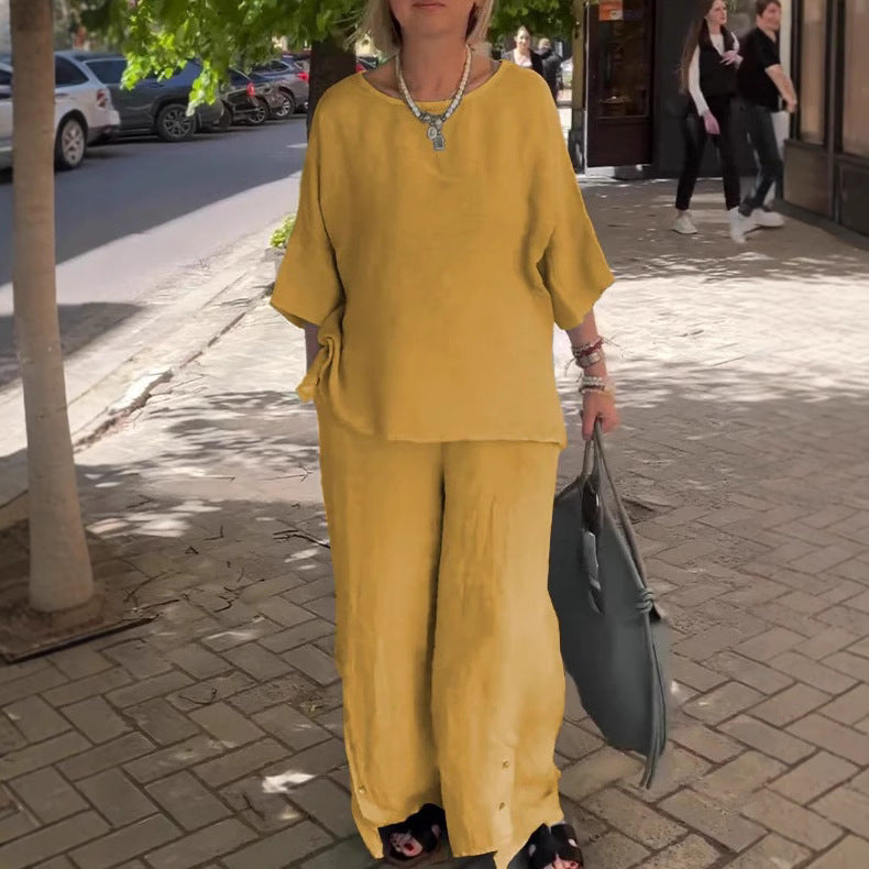 Casual Three-Quarter Sleeve Set Wide-Leg Pants Two-Piece Set
