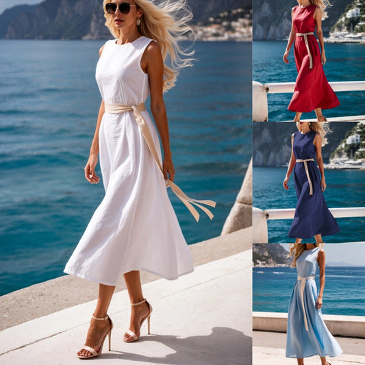 Fashionable Solid-Colored Mid-Length Dress With Waist Tie For Women