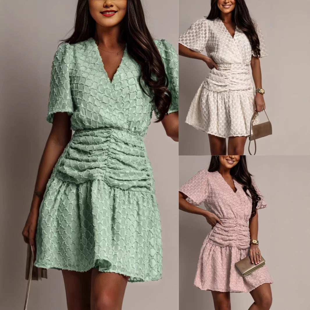 Plaid V-Neck Defined-Waist Short-Sleeve Pleated Dress