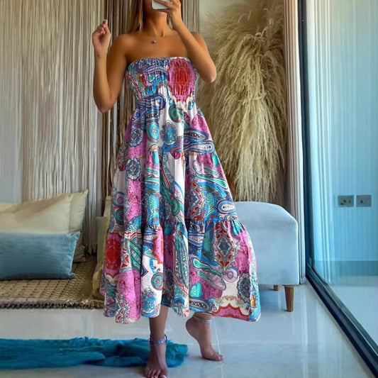 Summer Fashion Suspenders Sexy Backless Tube Top Swing Skirt