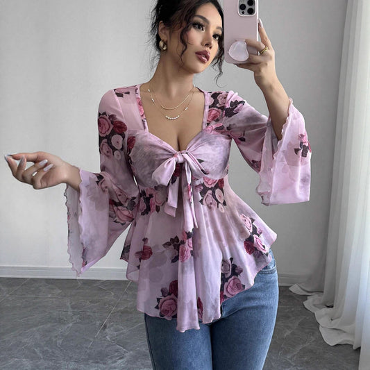 Women's French-style Printed Mesh Elegant Casual Shirt