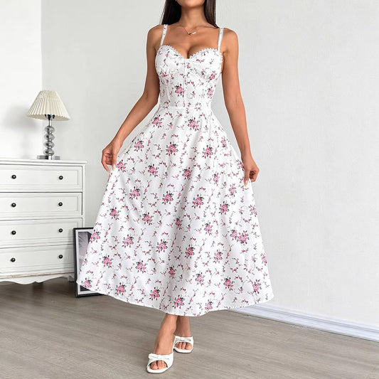 Printed Tube-top Slip Dress With Back-tie Waistband For A Slimming Effect