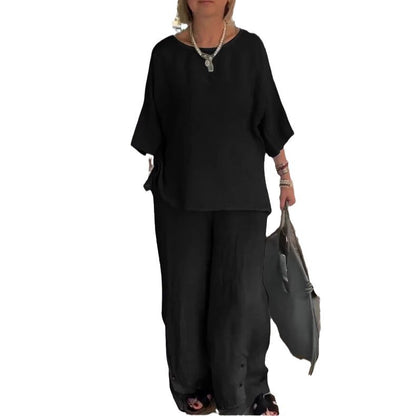 Casual Three-Quarter Sleeve Set Wide-Leg Pants Two-Piece Set