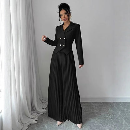 Fashionable Pleated Culotte Two-Piece Pants Set For Women