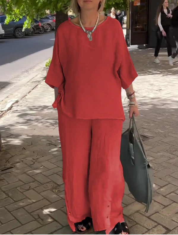 Casual Three-Quarter Sleeve Set Wide-Leg Pants Two-Piece Set