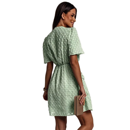 Plaid V-Neck Defined-Waist Short-Sleeve Pleated Dress