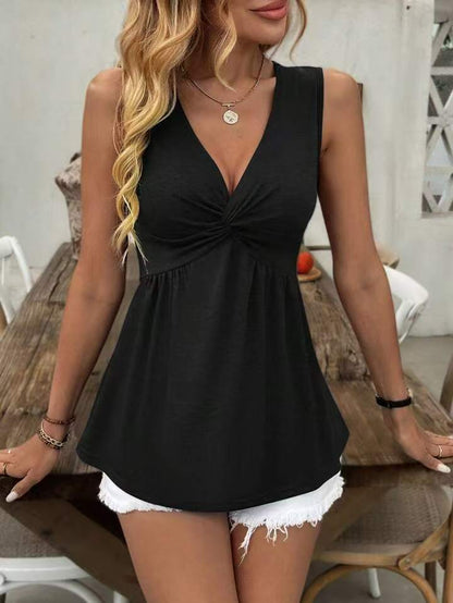 Sleeveless V-neck Design With A Twisted Ruched Waist-cinching Detail On The Back