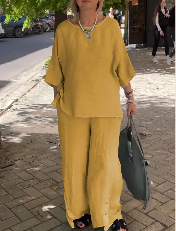 Casual Three-Quarter Sleeve Set Wide-Leg Pants Two-Piece Set